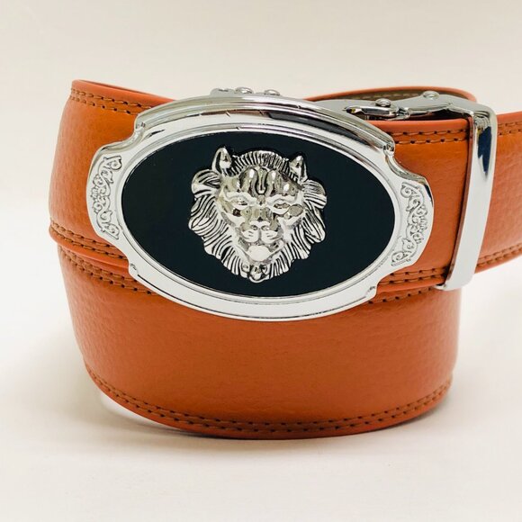 Automatic Silver Lion Designer Buckle Men's Orange‎ Ratchet Genuine Leather Belt - Picture 1 of 3
